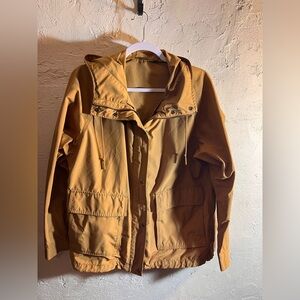 Uniqlo Tan Utility Jacket w hood, zip snaps pockets outdoor rugged lightweight